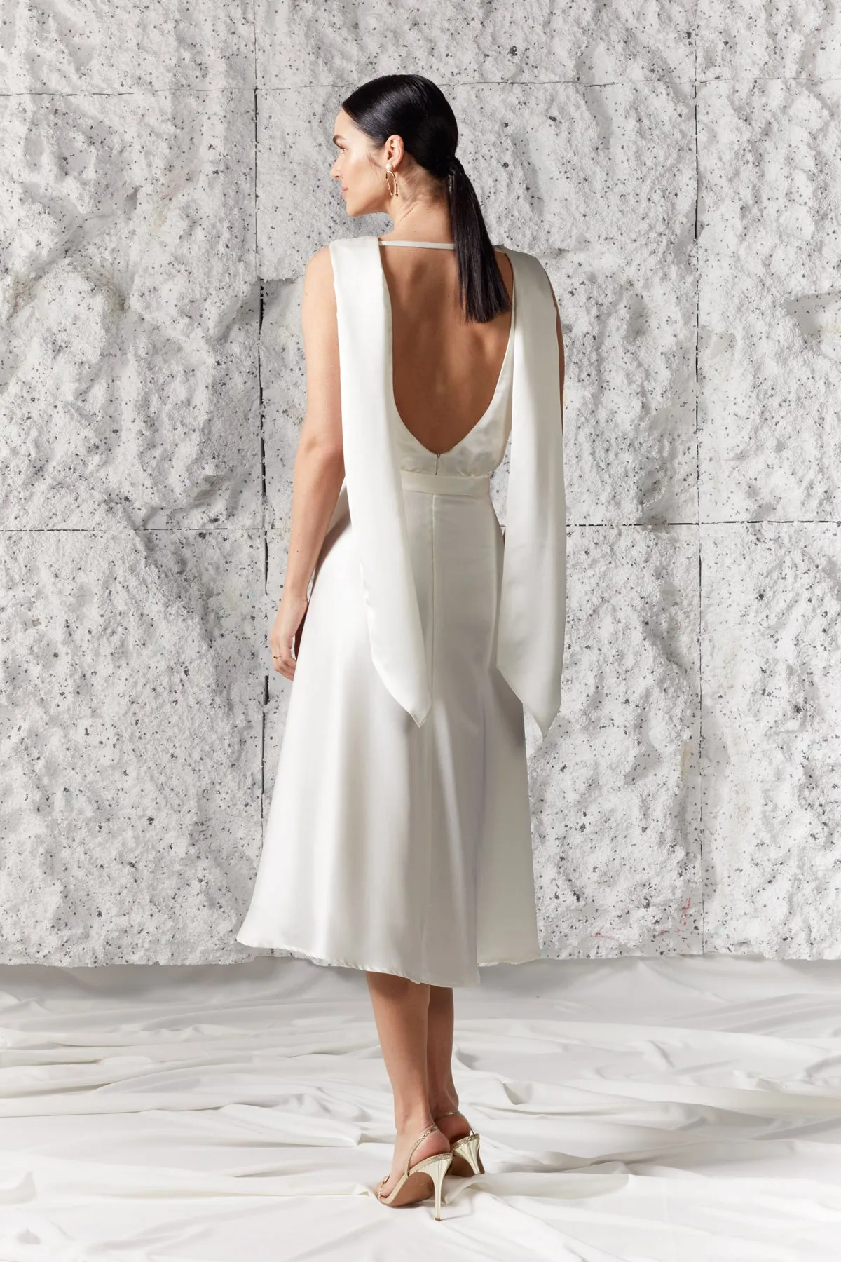 ROSA white satin midi dress with back ribbons