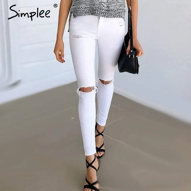 Simplee Summer style white hole ripped jeans Women jeggings cool denim high waist pants capris Female skinny black casual  jeans