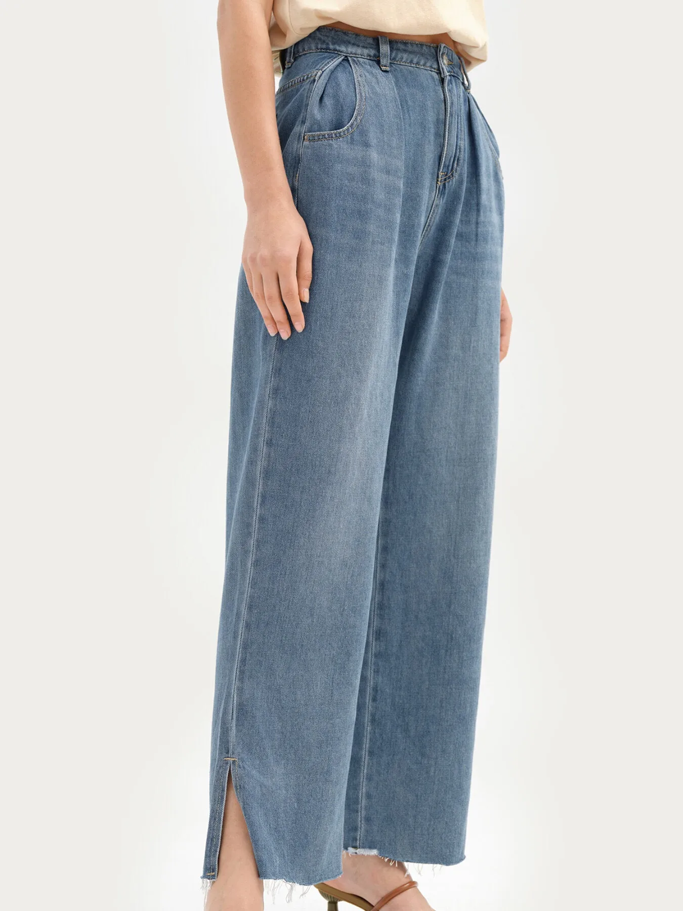 Split Washed Wide Leg Pocket High Waist Jeans