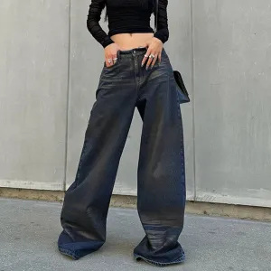 Streetwear Chic Gradient Coated Jeans for Female Grunge Design Baggy Pants Denim Wide Leg Trousers Harajuku Outfits