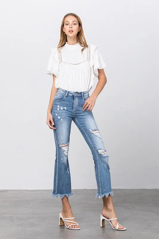 Stretch Mid Rise Crop Flare Jeans