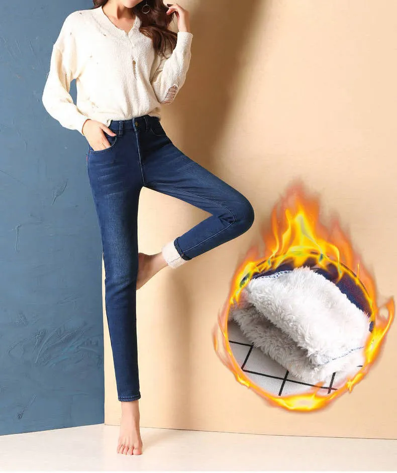 Super Warm Plus Size Winter Jeans for Women High Waist Skinny Trousers