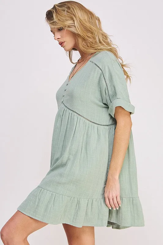 Textured Woven Ladder Trim Button Babydoll Dress