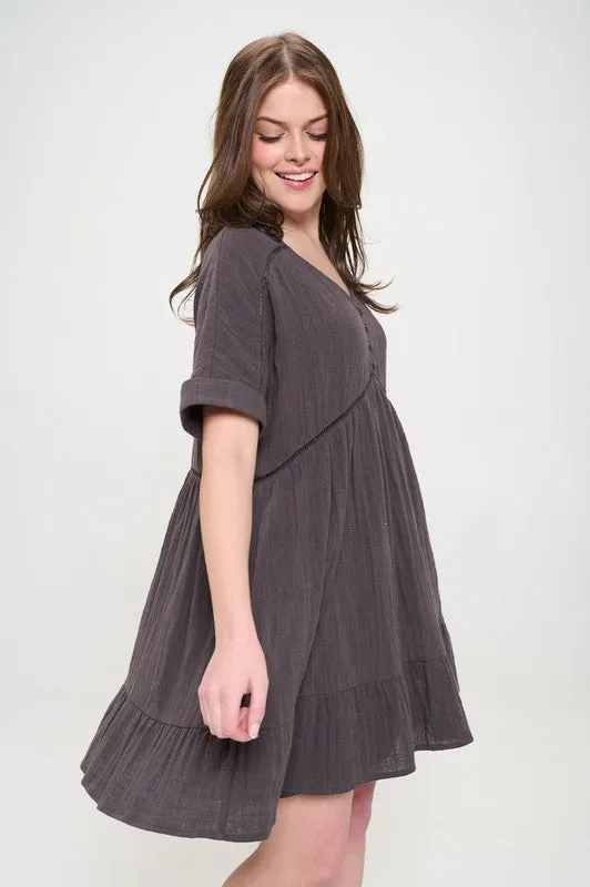 Textured Woven Ladder Trim Button Babydoll Dress