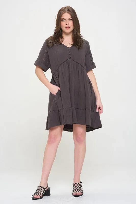 Textured Woven Ladder Trim Button Babydoll Dress