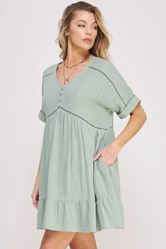 Textured Woven Ladder Trim Button Babydoll Dress