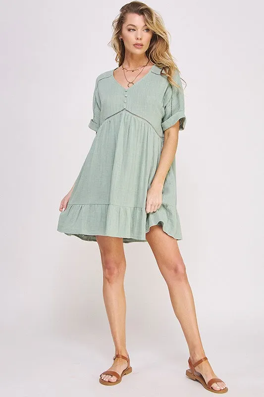 Textured Woven Ladder Trim Button Babydoll Dress