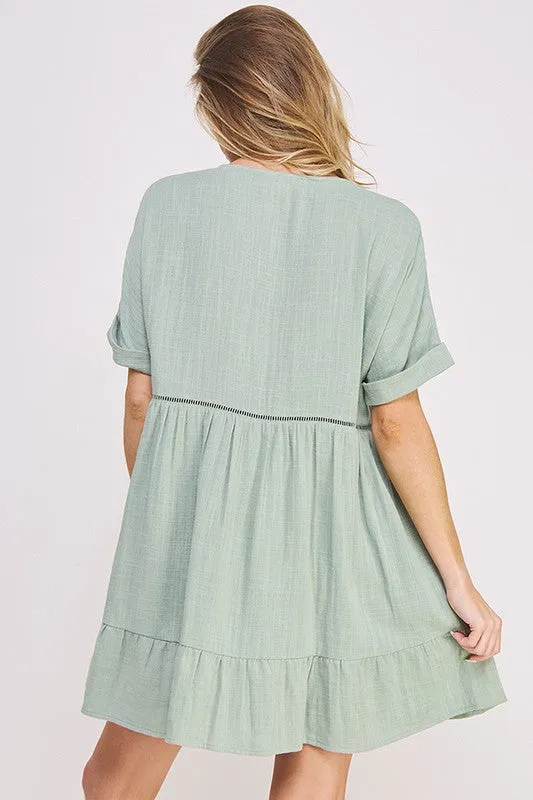 Textured Woven Ladder Trim Button Babydoll Dress