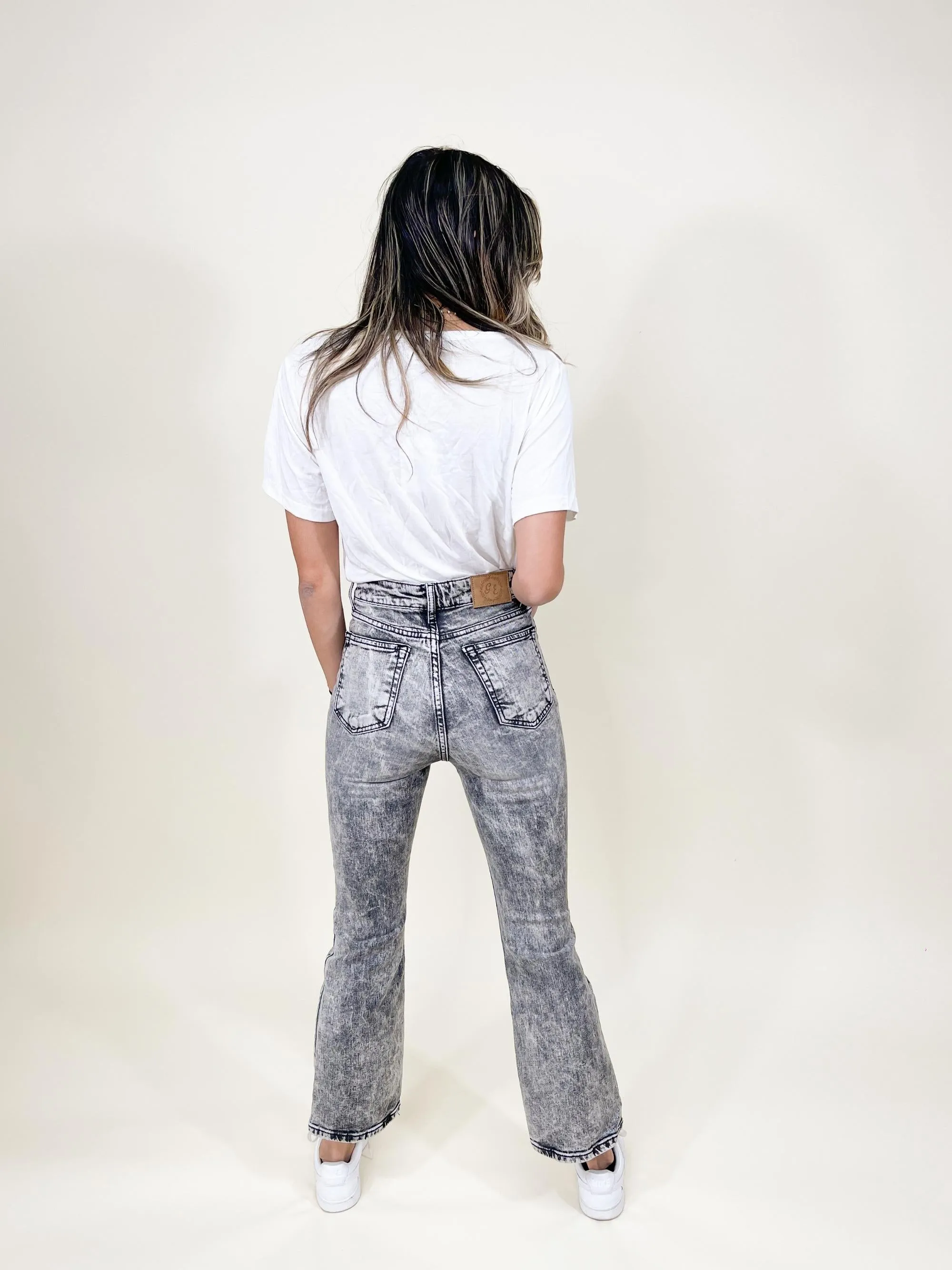 The Blake Stone Wash Mid Rise Distressed Crop Flare