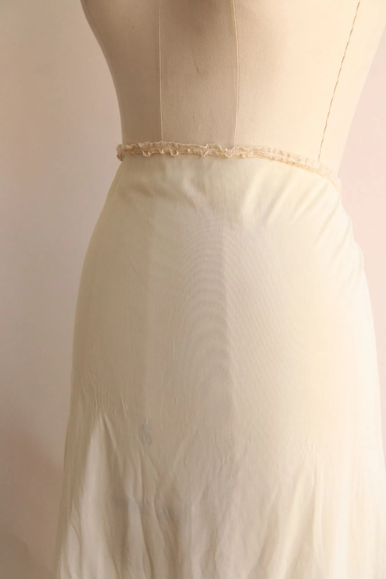 Vintage 1960s Ivory Nylon Half Slip With Lace Trim and Pleated Ruffle