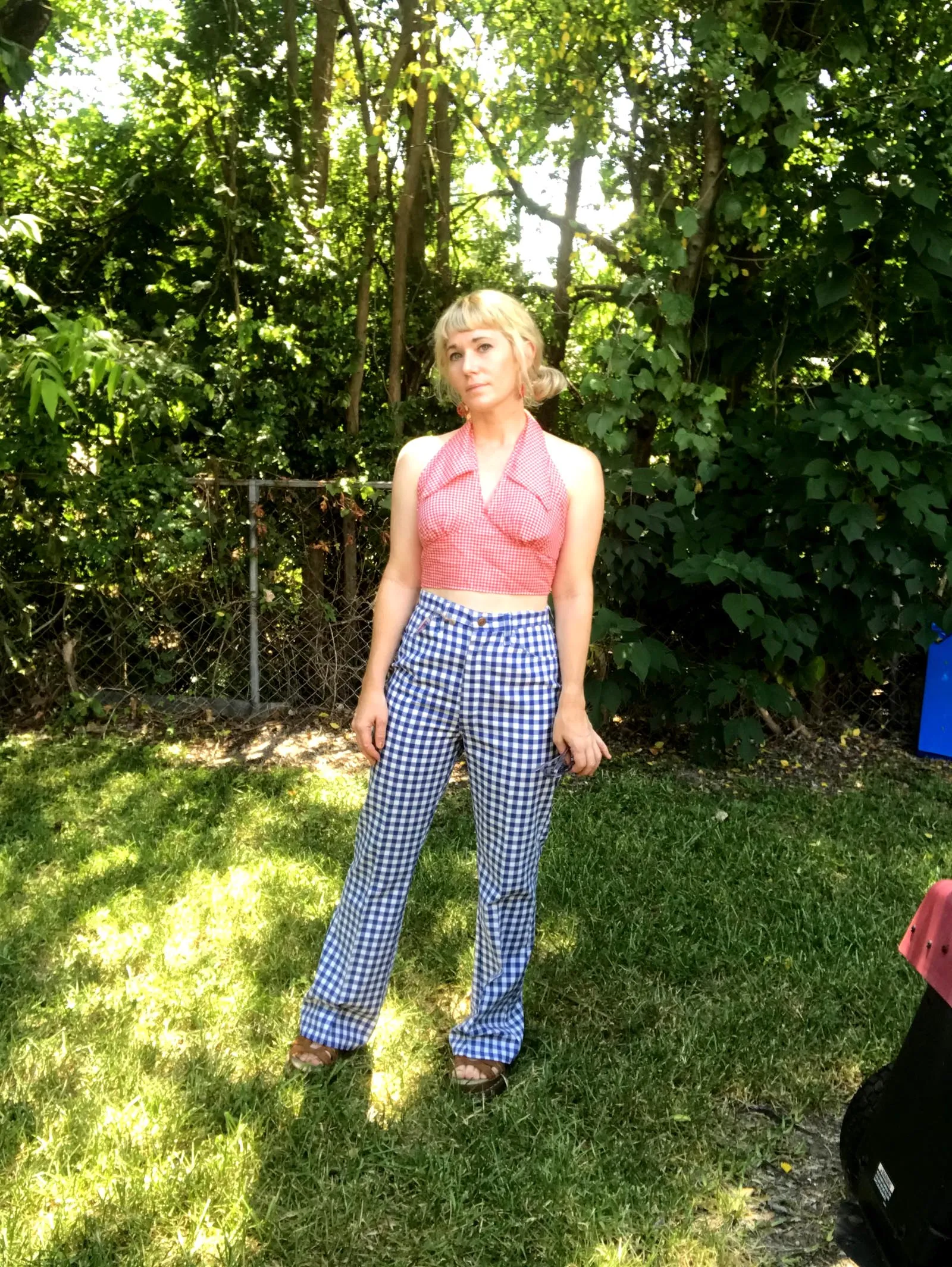 Vintage 60s 70s | Blue Checker High Waisted Boho Hippie Bell Bottoms | S