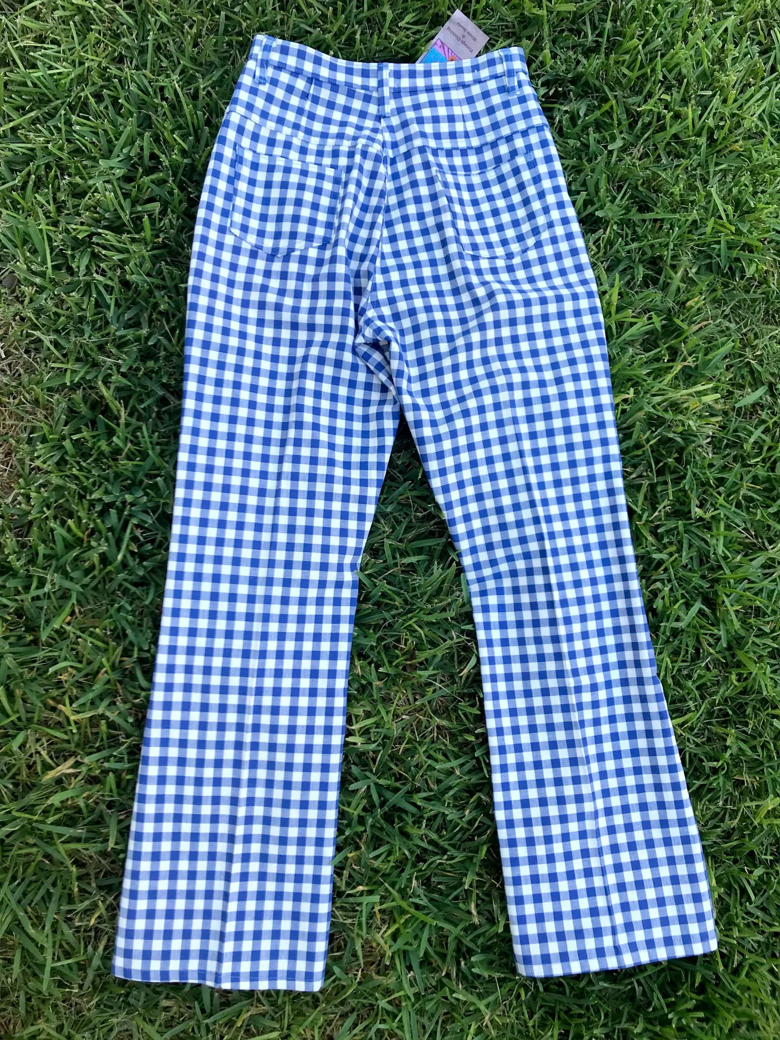 Vintage 60s 70s | Blue Checker High Waisted Boho Hippie Bell Bottoms | S