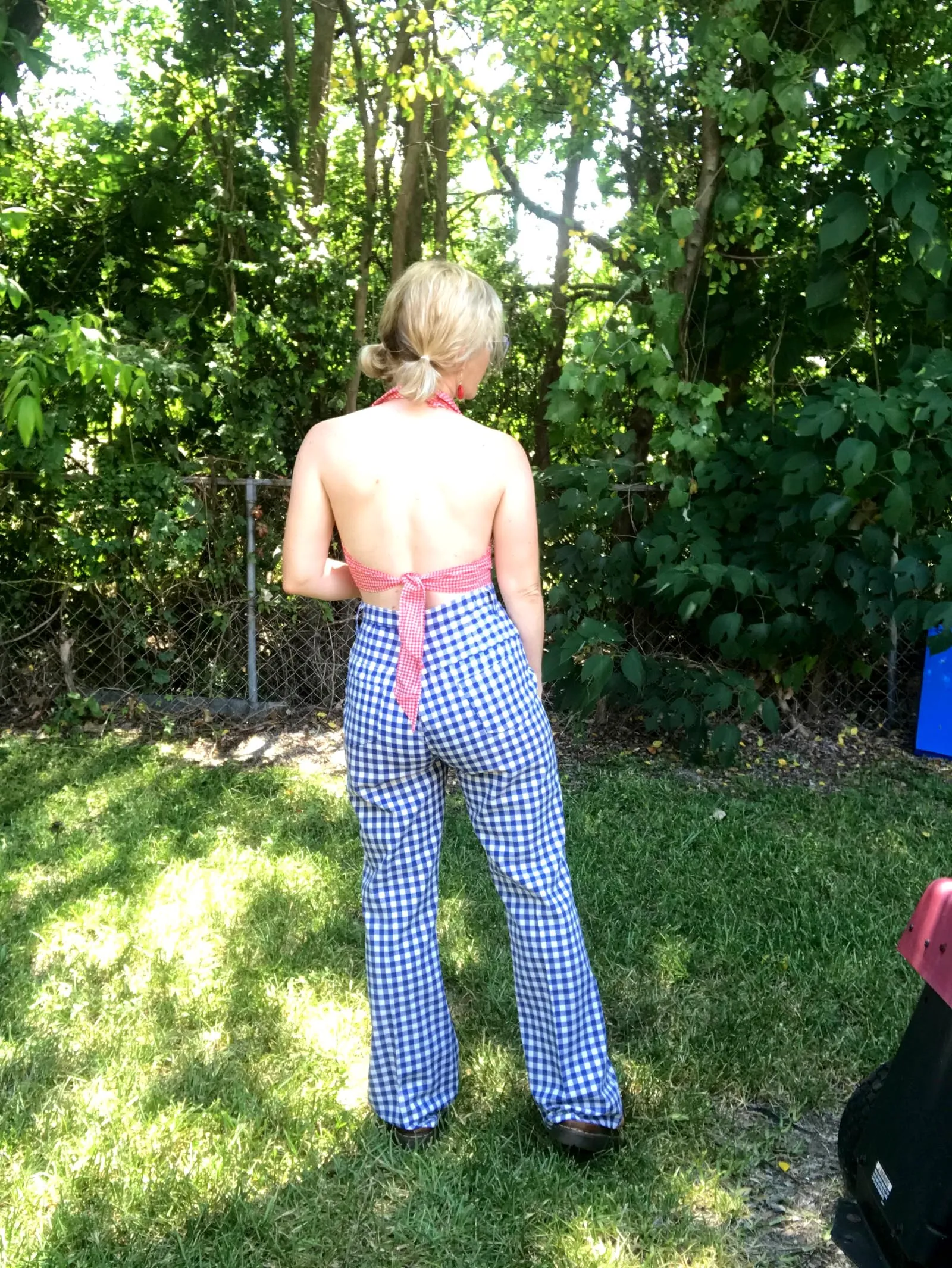 Vintage 60s 70s | Blue Checker High Waisted Boho Hippie Bell Bottoms | S