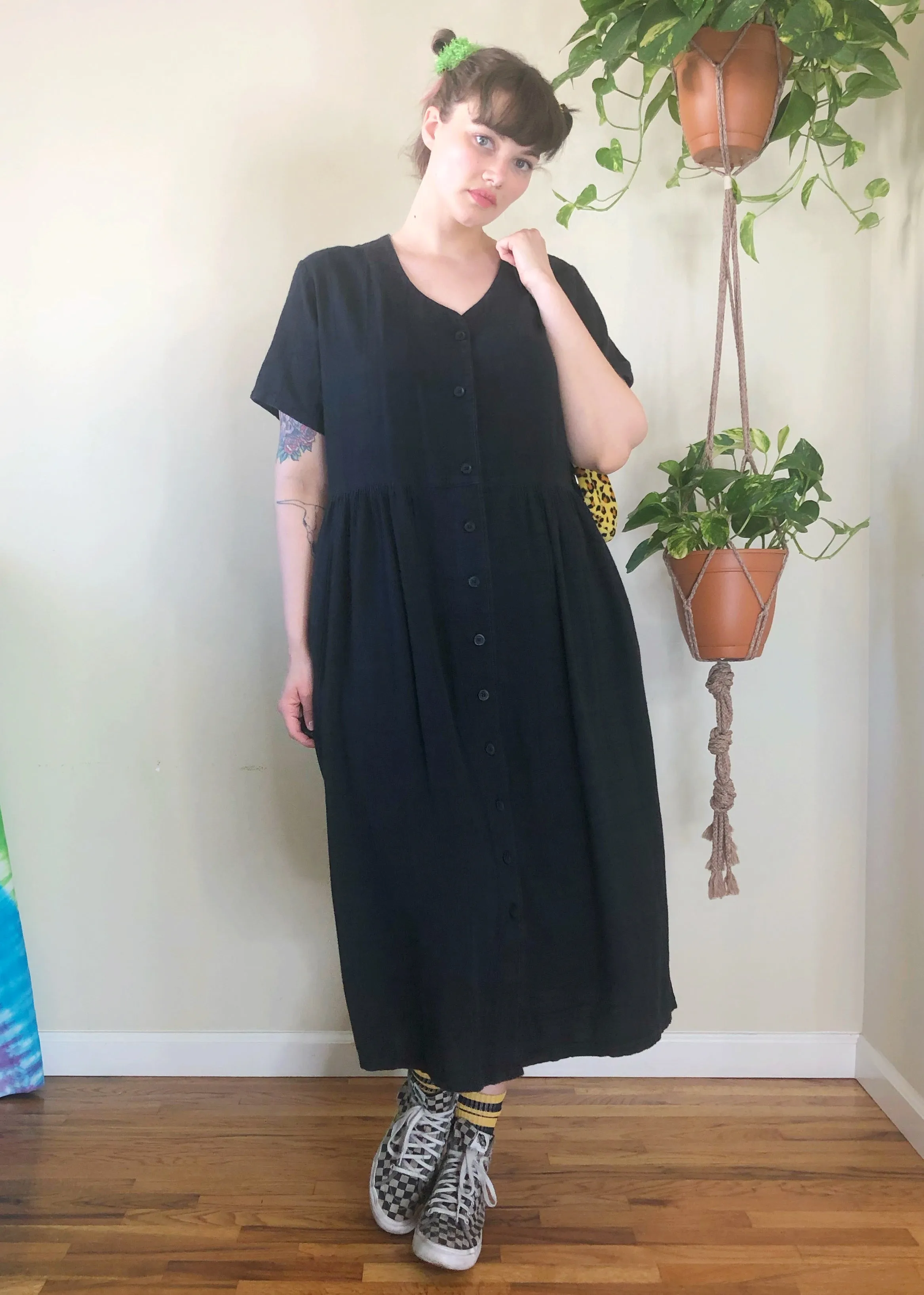 Vintage Button Up Black Maxi Dress - 3X