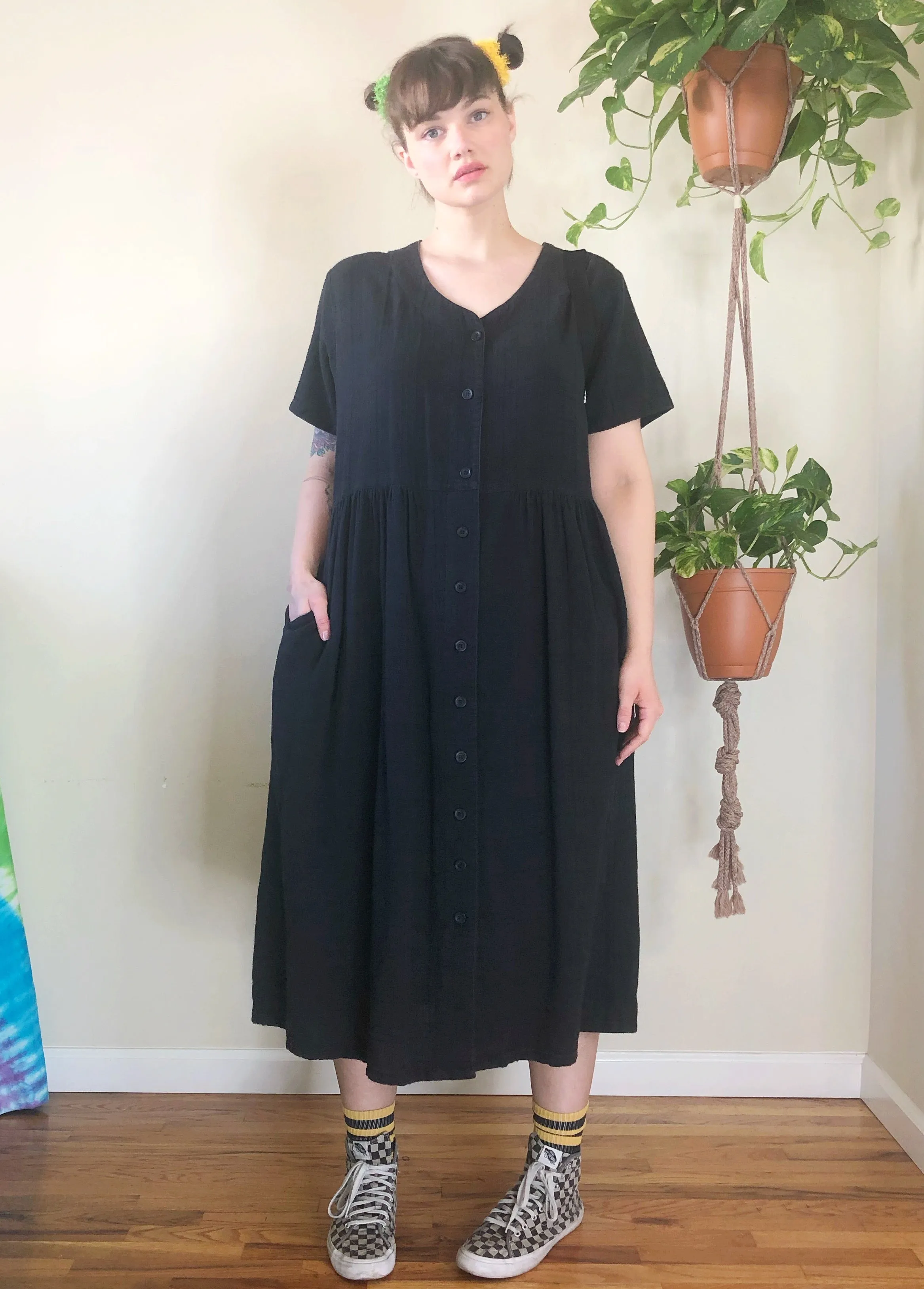 Vintage Button Up Black Maxi Dress - 3X