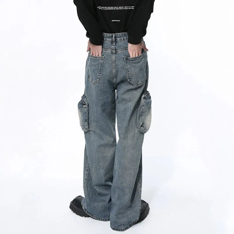 Washed Men's Jeans High Street Gradient Color Large Pockets Male Denim Cargo Pants American Style Straight Trousers 9C4948