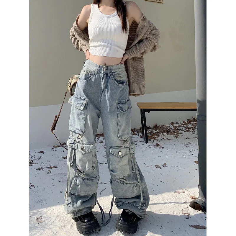 Wenkouban y2k outfits Heavy Industry Punk Style Multi-Pocket Wide-Leg Mopping Jeans Washed Gradient High Waist Loose Pants