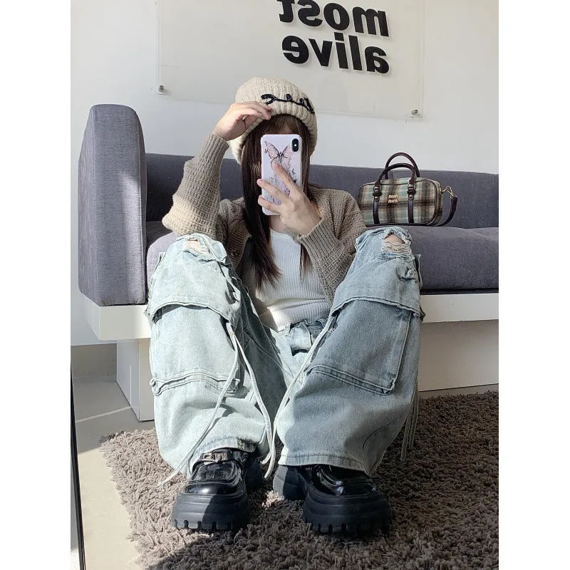 Wenkouban y2k outfits Heavy Industry Punk Style Multi-Pocket Wide-Leg Mopping Jeans Washed Gradient High Waist Loose Pants