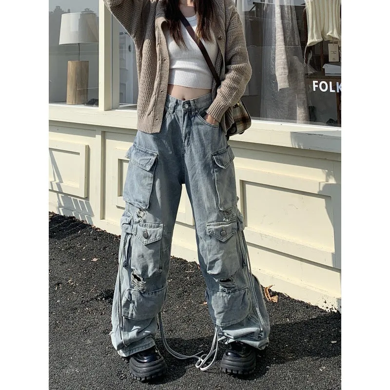 Wenkouban y2k outfits Heavy Industry Punk Style Multi-Pocket Wide-Leg Mopping Jeans Washed Gradient High Waist Loose Pants