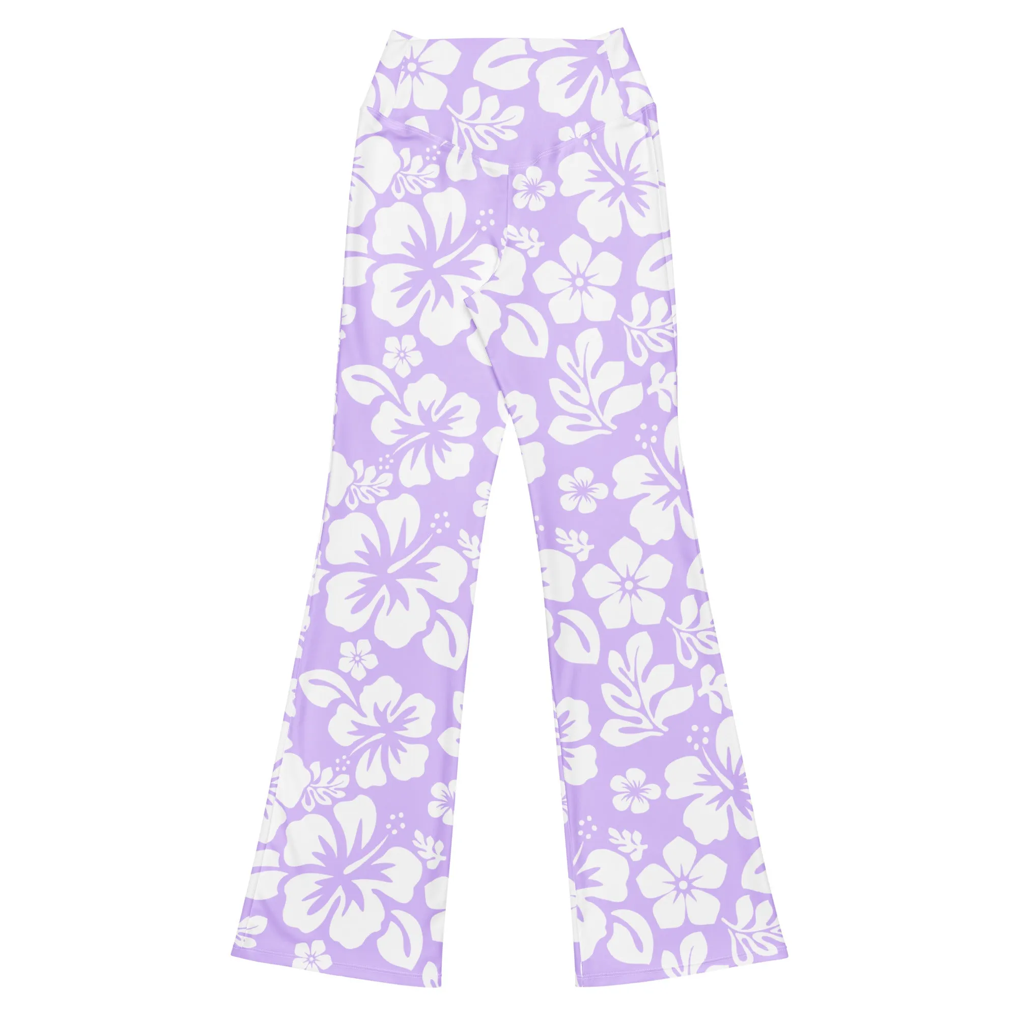 White and Lavender Hawaiian Flowers High Waist Flare Leggings