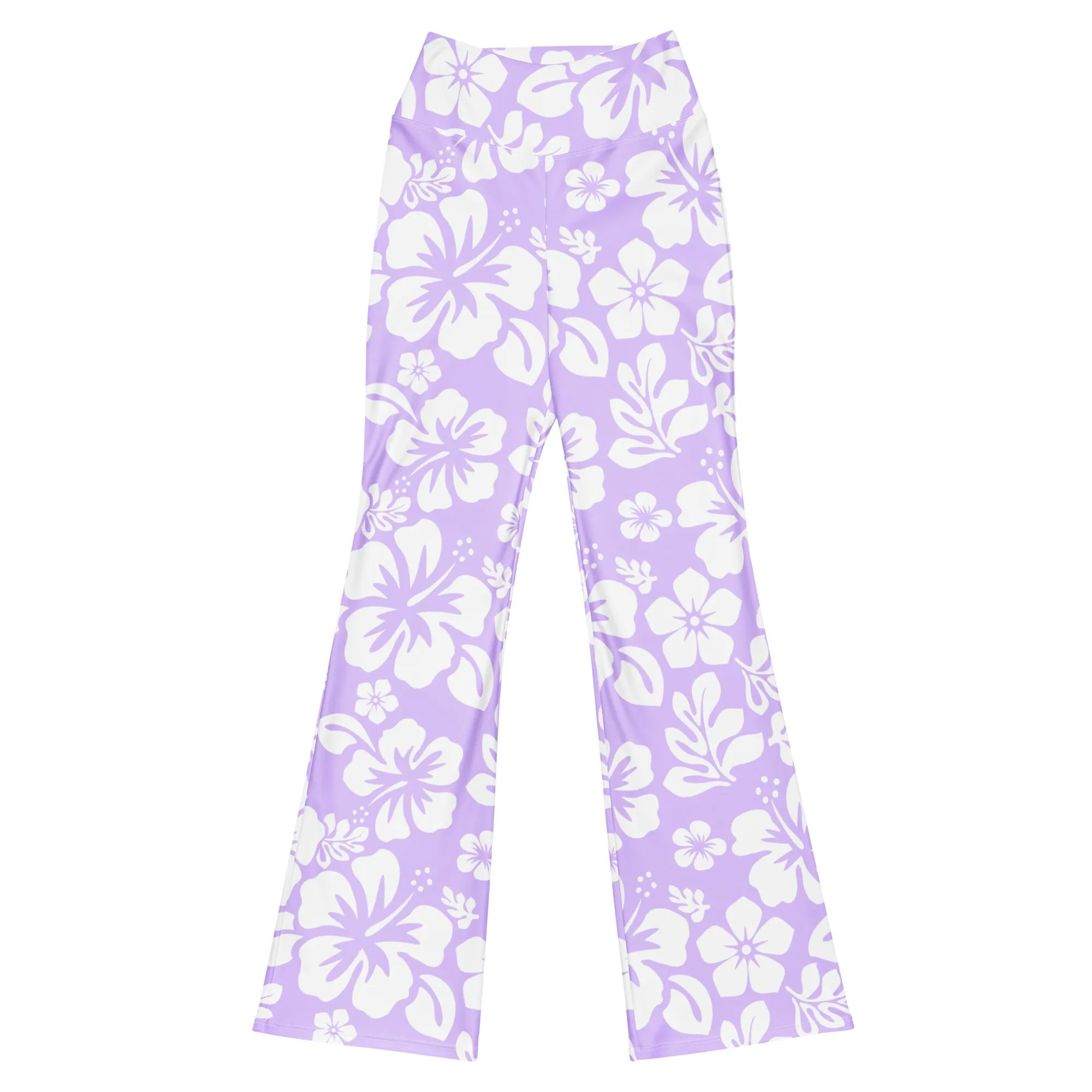 White and Lavender Hawaiian Flowers High Waist Flare Leggings