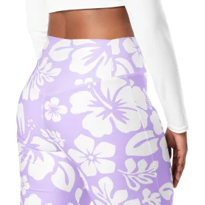 White and Lavender Hawaiian Flowers High Waist Flare Leggings