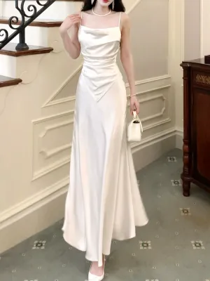 white satin dress, elegant long party dress      S5970