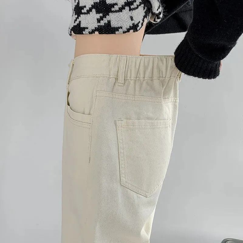 Wide Leg Denim Jeans with Elastic Waist and Draped Design