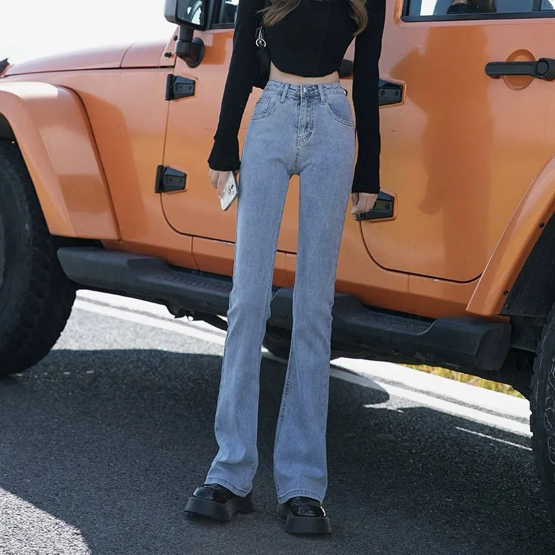 Wjczt tailgate outfit black women 2024 Summer Thin Straight Jeans Women's High Waist Slimming Fat Covering Wide Leg Black Micro Horn Mop Pants