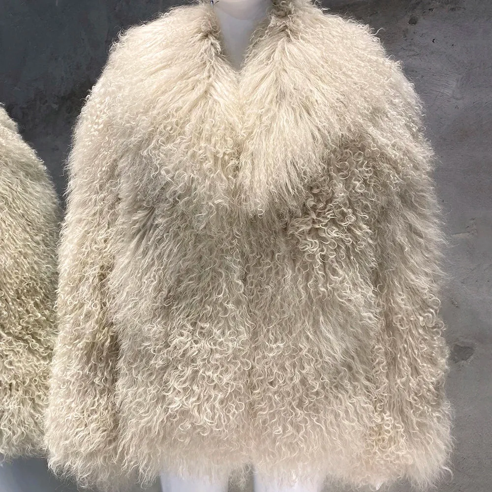 Women's Elegant Real Mongolian Sheep Fur Coat