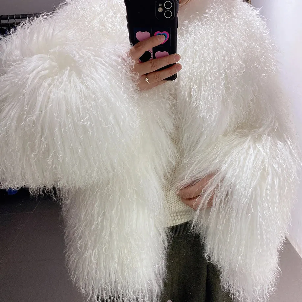 Women's Elegant Real Mongolian Sheep Fur Coat