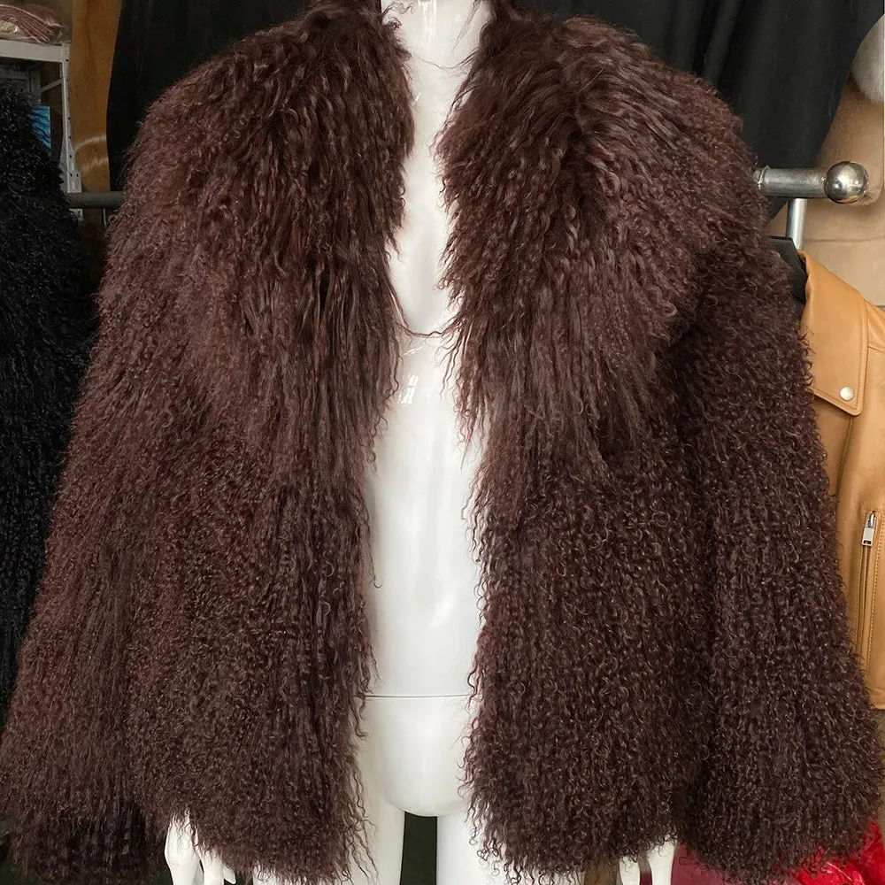 Women's Elegant Real Mongolian Sheep Fur Coat