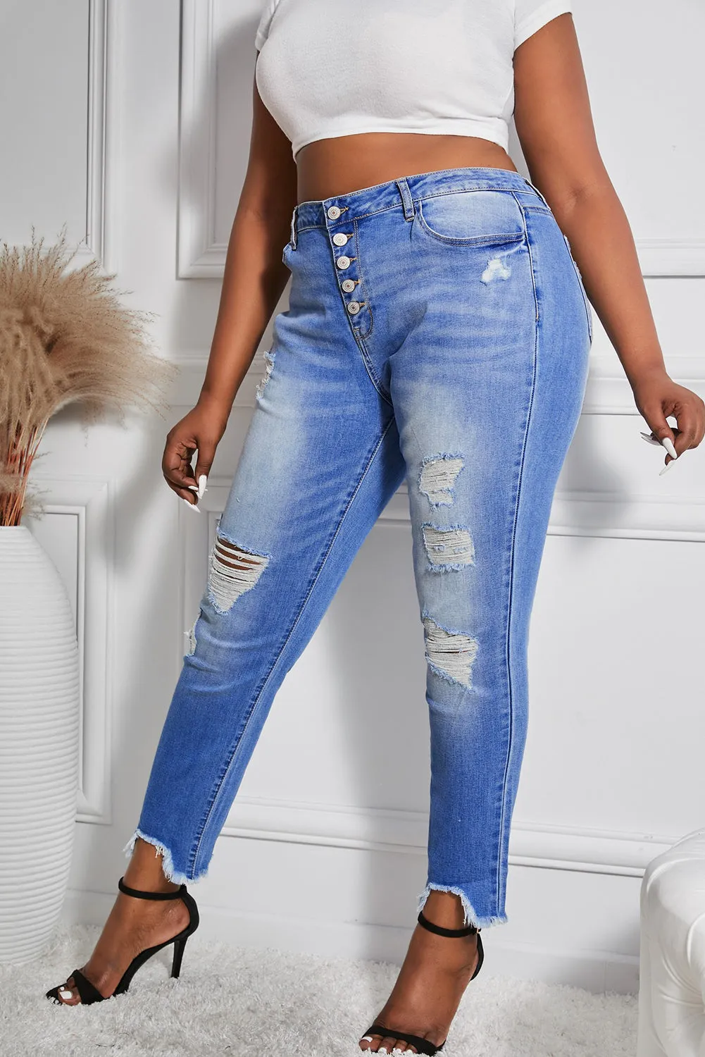 Women’s Stretchy Skinny High Rise Pants Button Ripped Denim Jeans