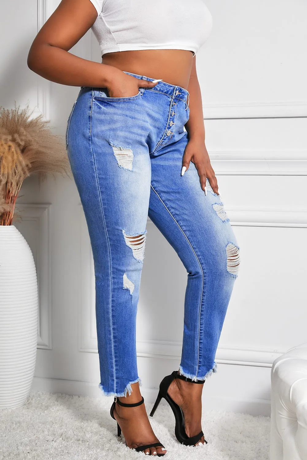 Women’s Stretchy Skinny High Rise Pants Button Ripped Denim Jeans