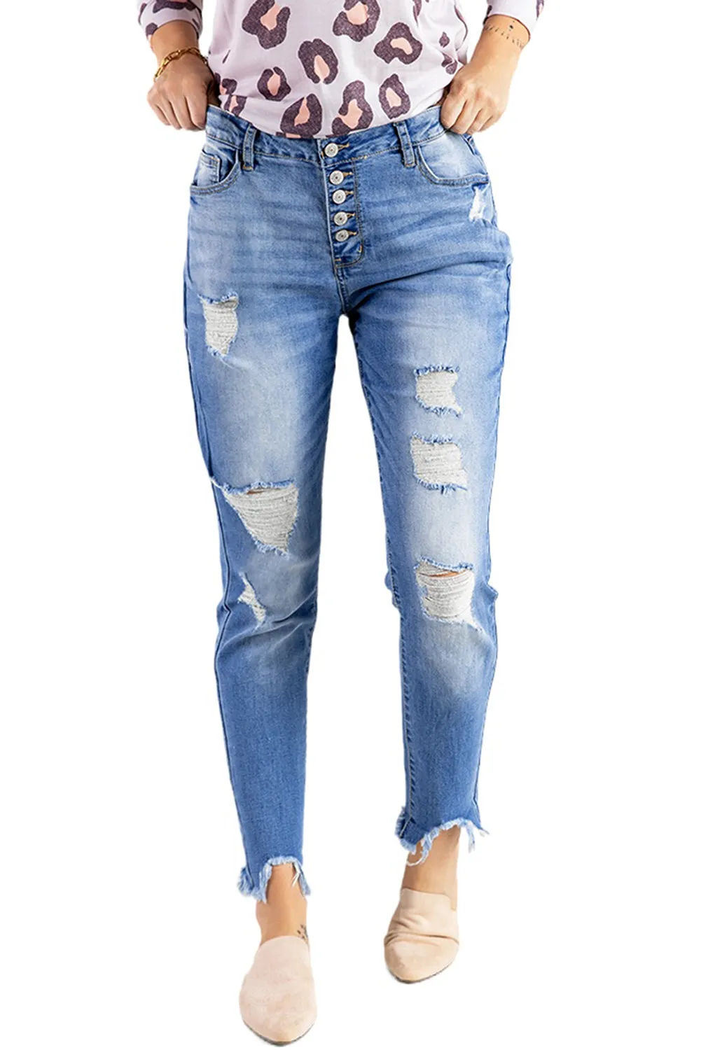 Women’s Stretchy Skinny High Rise Pants Button Ripped Denim Jeans