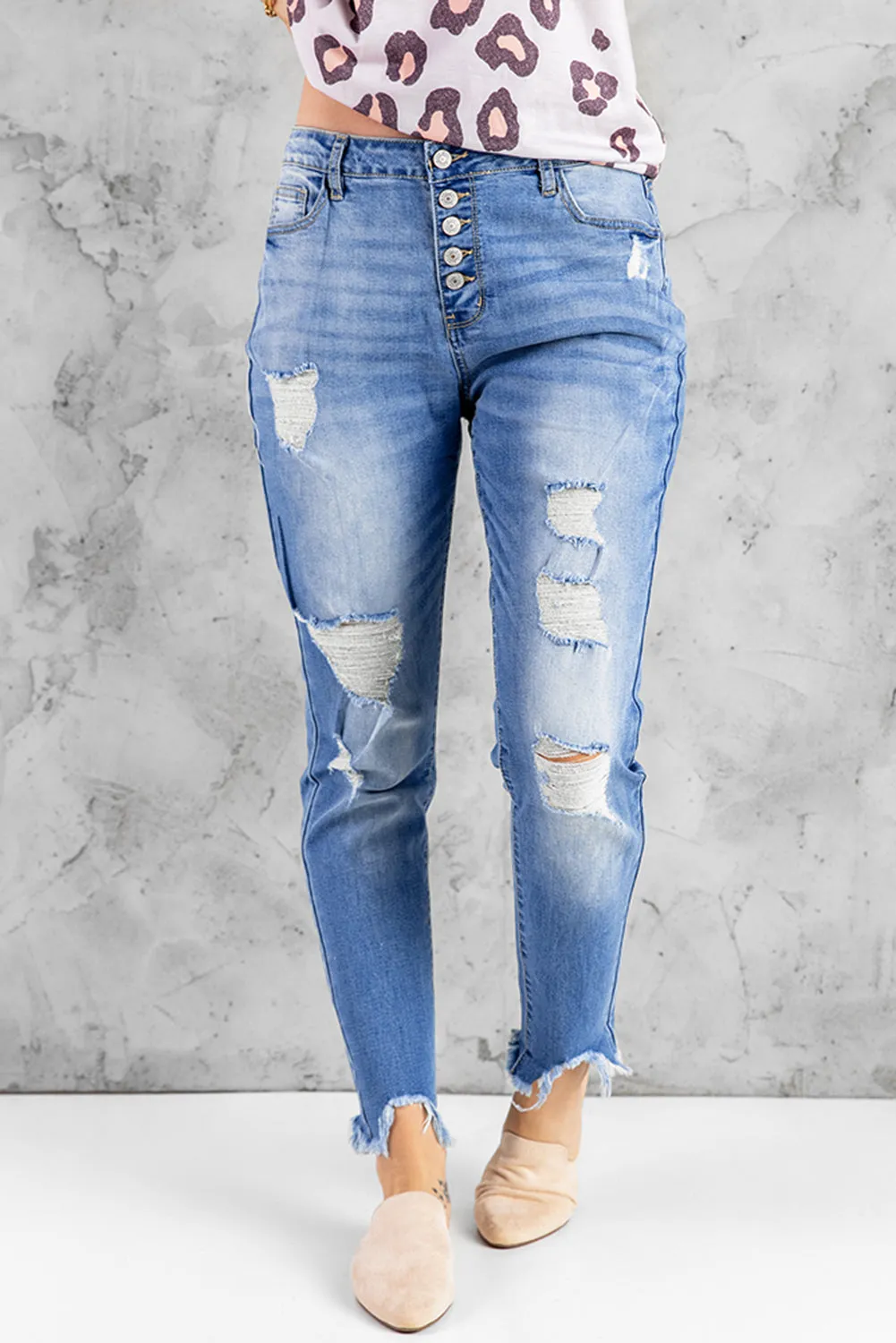 Women’s Stretchy Skinny High Rise Pants Button Ripped Denim Jeans