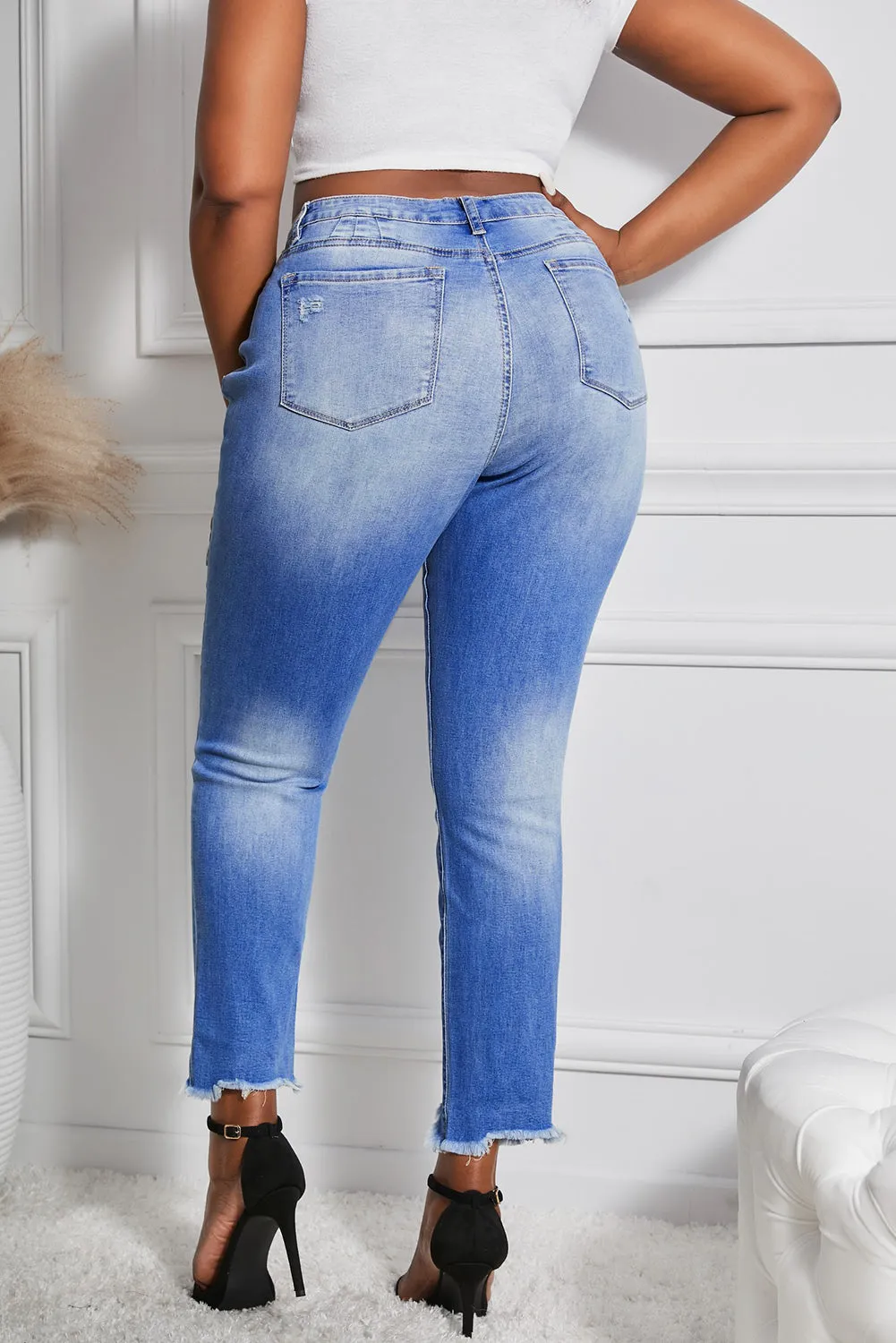 Women’s Stretchy Skinny High Rise Pants Button Ripped Denim Jeans