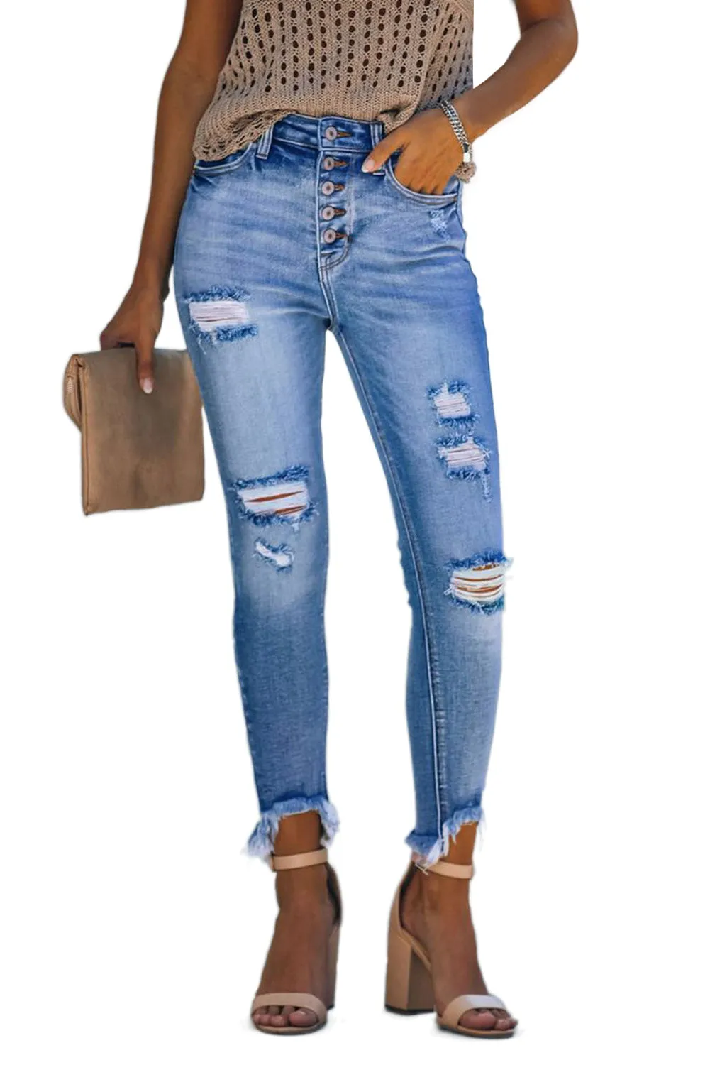 Women’s Stretchy Skinny High Rise Pants Button Ripped Denim Jeans